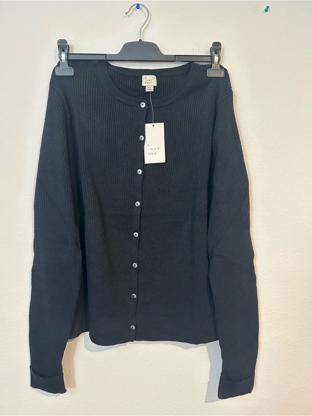 a new day Black Ribbed Button-Front Cardigan
